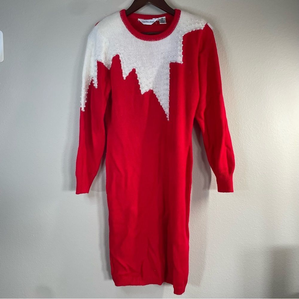 CHRISTINA GRANT Vintage Women’s Red AND WHITE Pearl SWEATER DRESS  SIZE Medium